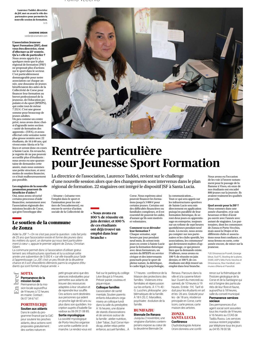 Octobre 2024 Article Corse Matin – Rentrée particulière pour Jeunesse Sport Formation — photo 1